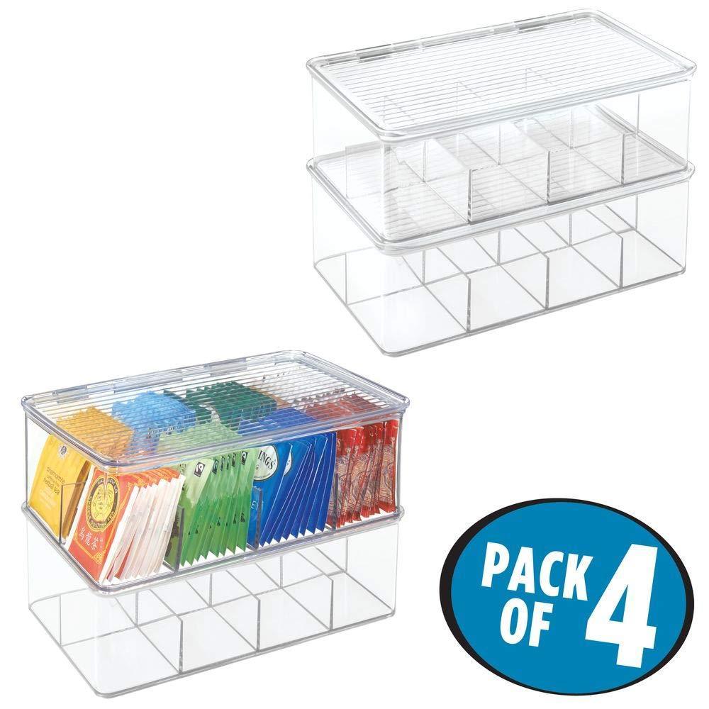 Selection stackable plastic tea bag holder storage bin box for kitchen cabinets countertops pantry organizer holds beverage bags cups pods packets condiment accessories 4 pack clear