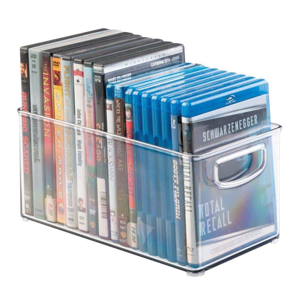 Kitchen plastic stackable household storage organizer container bin box with handles for media consoles closets cabinets holds dvds video games gaming accessories head sets 4 pack clear