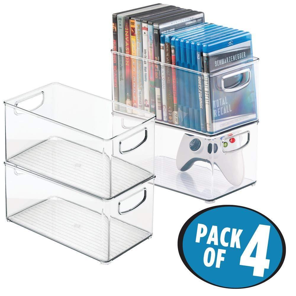 Online shopping plastic stackable household storage organizer container bin box with handles for media consoles closets cabinets holds dvds video games gaming accessories head sets 4 pack clear