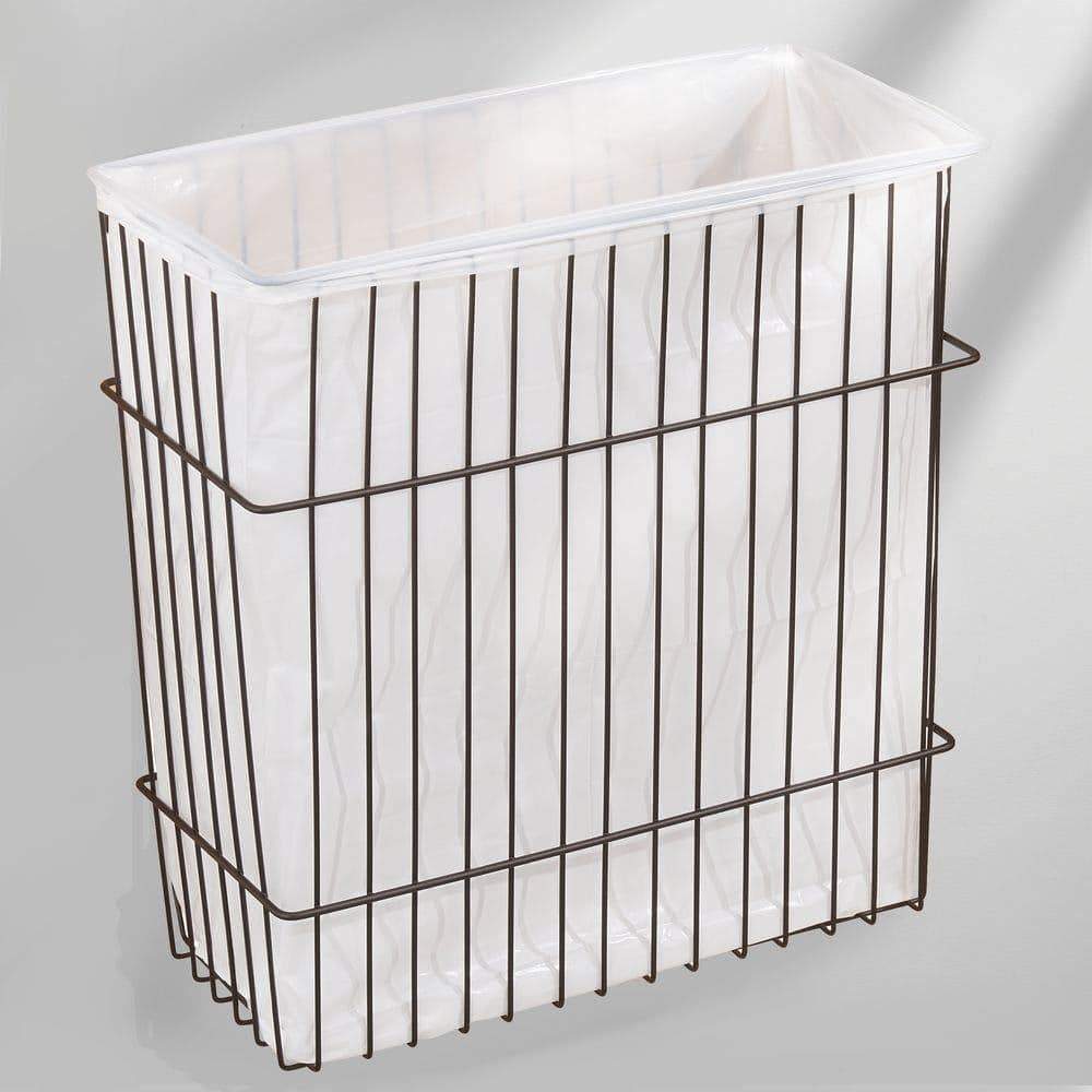 Great metal wire wall mount kitchen storage organizer basket trash can for cabinet and pantry doors holds bags tin foil wax paper saran wrap solid steel bronze