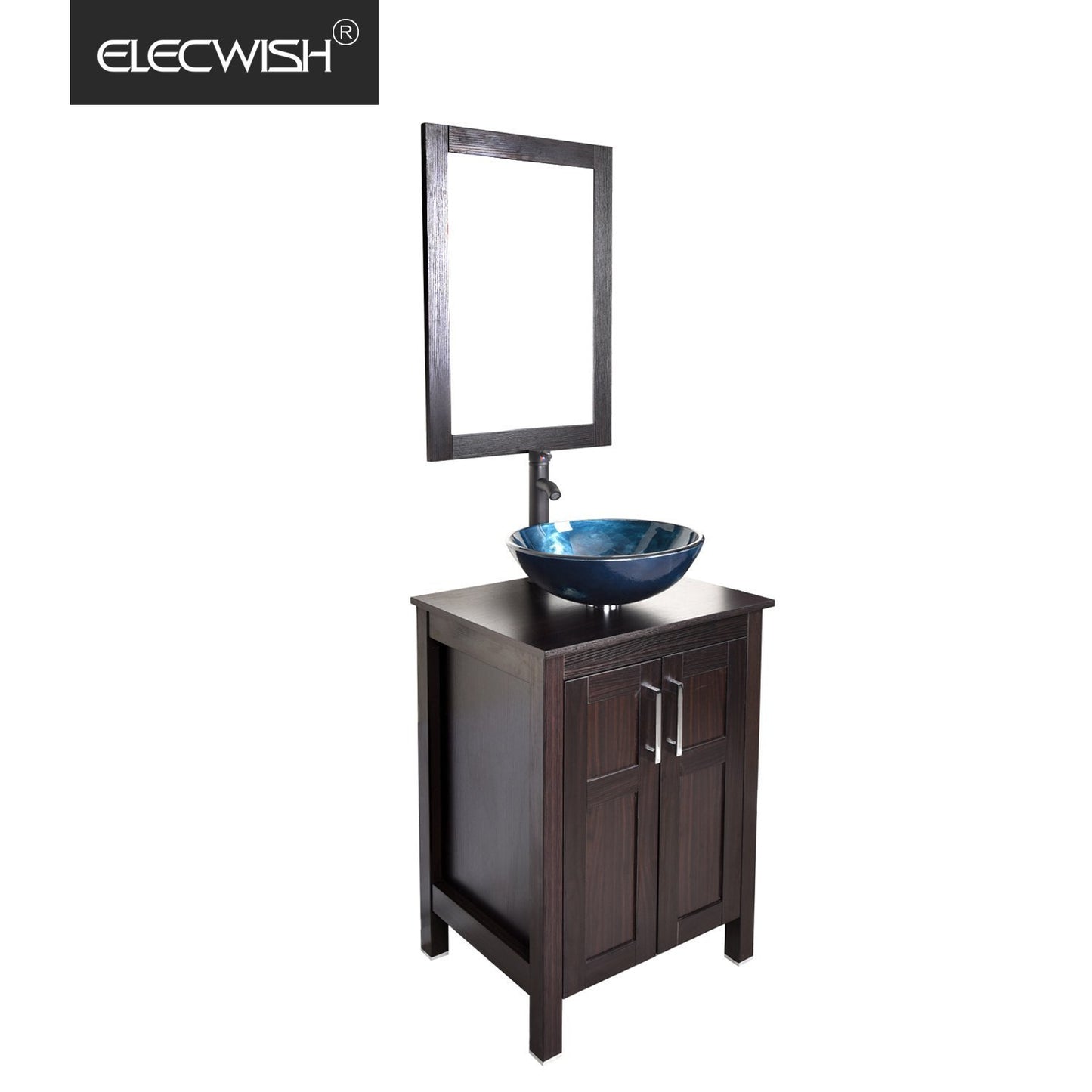 Top rated elecwish usba20090 usba20077 bathroom vanity and sink combo stand cabinet and tempered blue glass vessel sink orb faucet and pop up drain mirror mounting ring