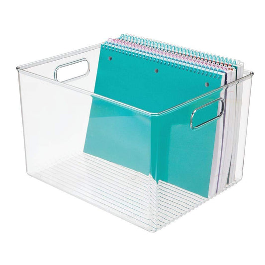 Get plastic storage container bin with carrying handles for home office filing cabinets shelves organizer for school supplies pens pencils notepads staplers envelopes 8 pack clear