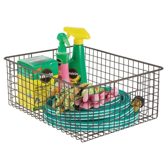 Budget large farmhouse decor metal wire garage home organizer storage bin basket for cabinets shelves countertops bathroom bedroom kitchen laundry room closet 16 long 4 pack bronze