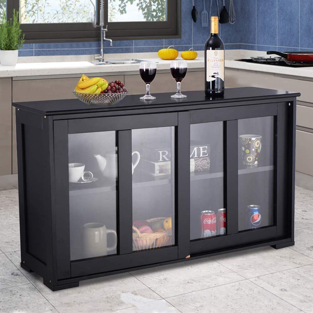 Best seller  waterjoy kitchen storage sideboard stackable buffet storage cabinet with sliding door tempered glass panels for home kitchen antique black