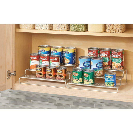 best adjustable expandable kitchen wire metal storage cabinet cupboard food pantry shelf organizer spice bottle rack holder 3 level storage up to 25 wide 2 pack silver