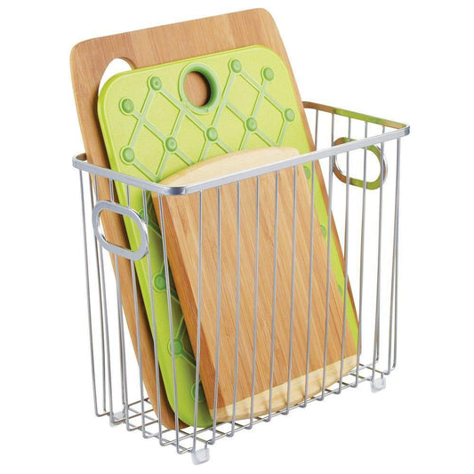 Exclusive metal farmhouse kitchen pantry food storage organizer basket bin wire grid design for cabinets cupboards shelves countertops holds potatoes onions fruit medium 2 pack chrome