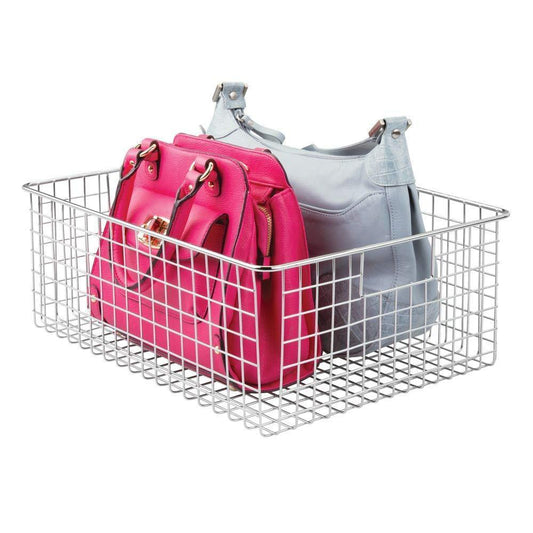Budget friendly large farmhouse metal wire storage basket bin box with handles for organizing closets shelves and cabinets in bedrooms bathrooms entryways and hallways 16 x 12 x 6 4 pack chrome