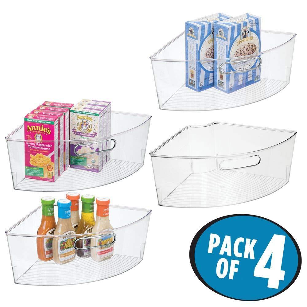 Top rated kitchen cabinet plastic lazy susan storage organizer bins with front handle large pie shaped 1 4 wedge 6 deep container food safe bpa free 4 pack clear