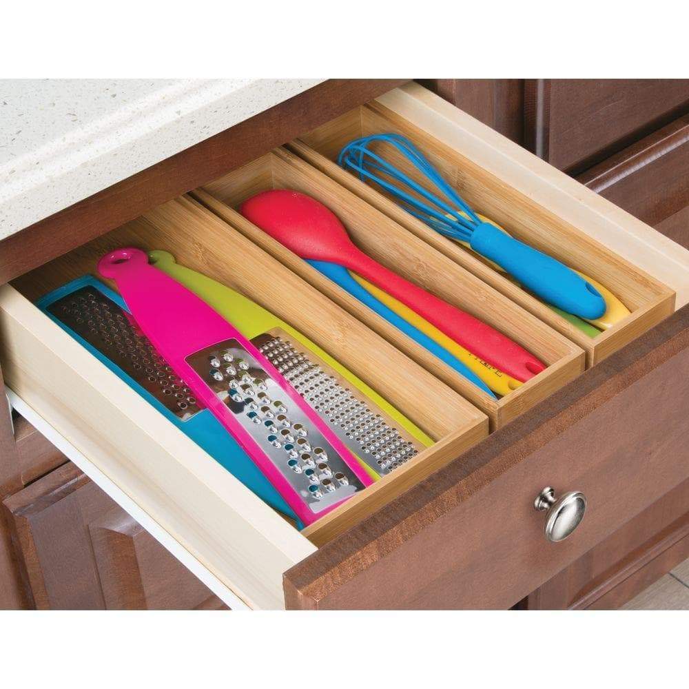 Online shopping bamboo kitchen cabinet drawer organizer stackable tray bin eco friendly multipurpose use in drawers on countertops shelves or in pantry 15 long 6 pack natural wood finish