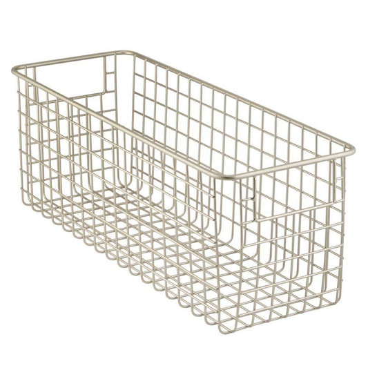 On farmhouse decor metal wire food storage organizer bin basket with handles for kitchen cabinets pantry bathroom laundry room closets garage 16 x 6 x 6 4 pack satin