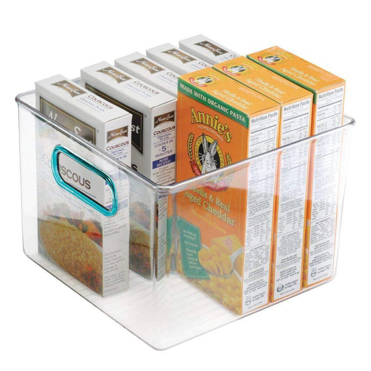 Budget friendly plastic food storage container bin with handles for kitchen pantry cabinet fridge freezer cube organizer for snacks produce vegetables pasta bpa free food safe 8 pack clear blue