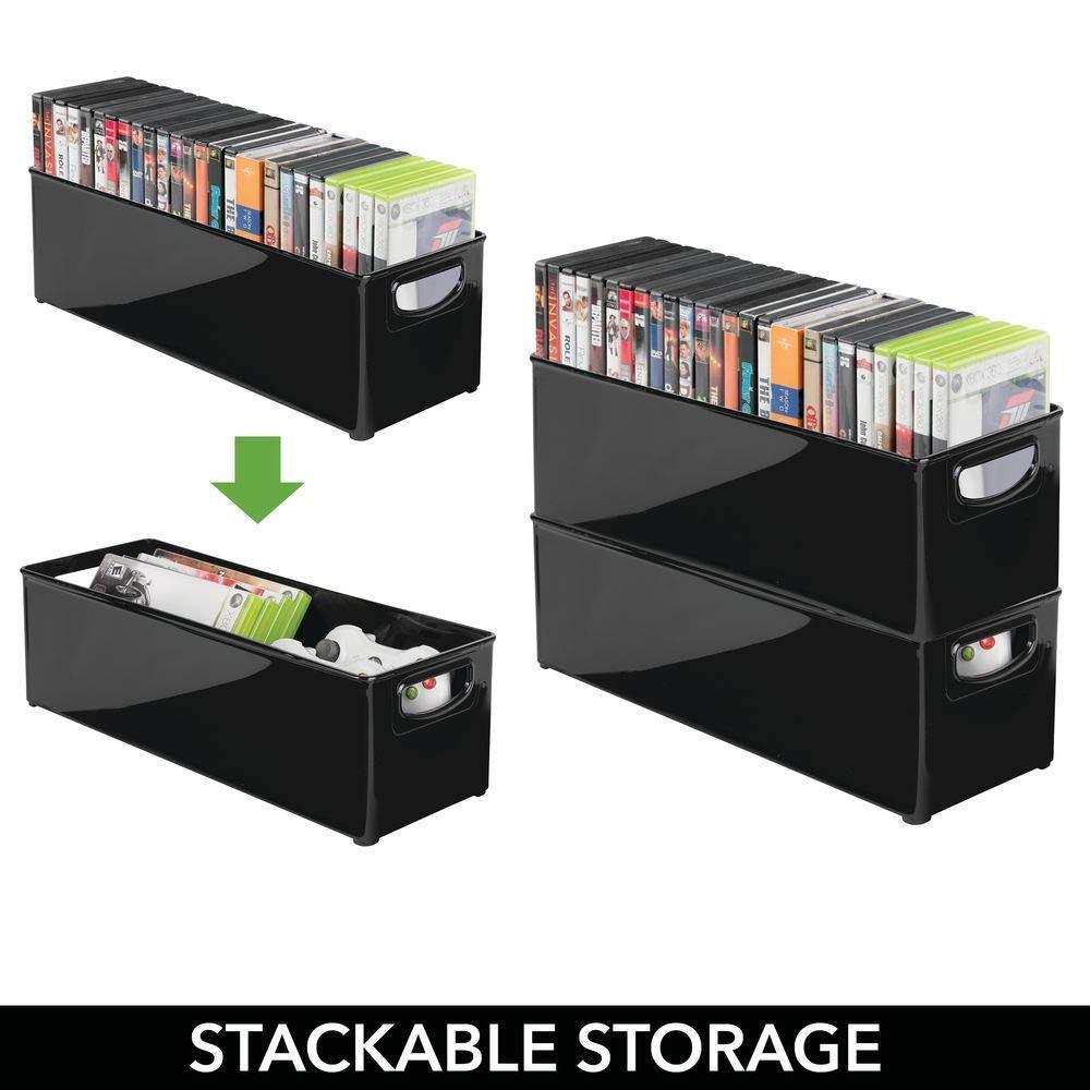 Best seller plastic stackable household storage organizer container bin with handles for media consoles closets cabinets holds dvds video games gaming accessories head sets 8 pack black