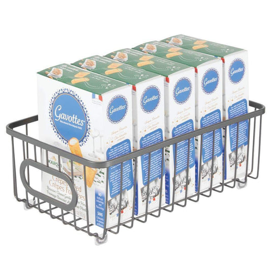 Storage organizer metal farmhouse kitchen pantry food storage organizer basket bin wire grid design for cabinet cupboard shelves countertop closet bedroom bathroom small wide 4 pack graphite gray