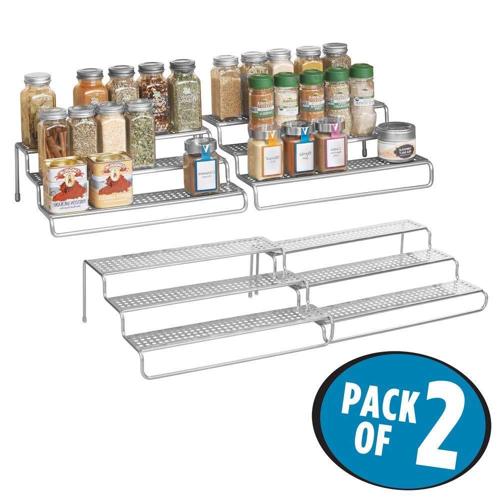 Budget friendly adjustable expandable kitchen wire metal storage cabinet cupboard food pantry shelf organizer spice bottle rack holder 3 level storage up to 25 wide 2 pack silver