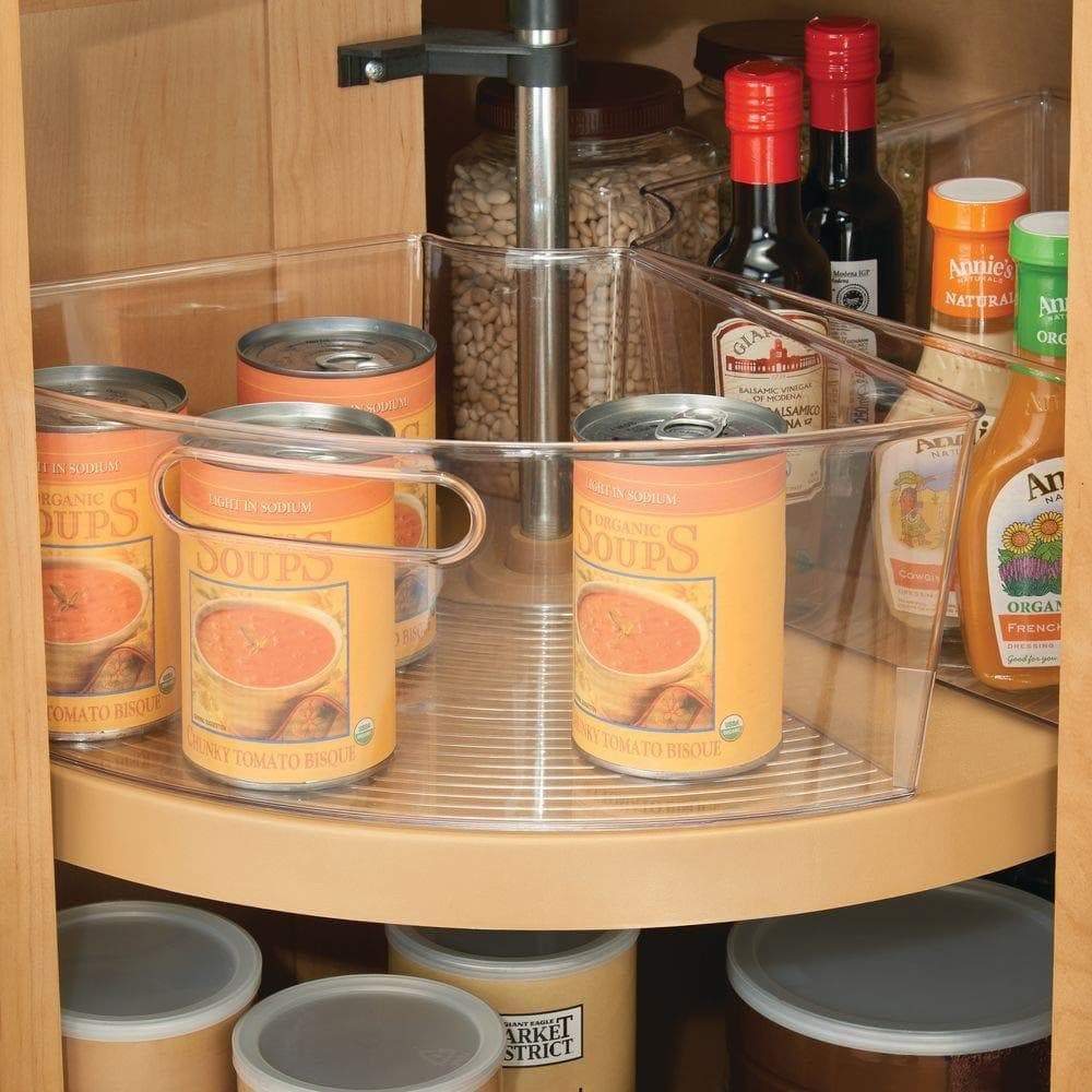 The best kitchen cabinet plastic lazy susan storage organizer bins with front handle large pie shaped 1 4 wedge 6 deep container food safe bpa free 4 pack clear