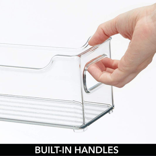 Explore slim stackable plastic kitchen pantry cabinet refrigerator or freezer food storage bin with handles organizer for fruit yogurt snacks pasta bpa free 14 5 long 4 pack clear