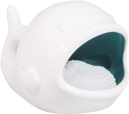 Ceramic White Whale Scrubbie Sponge Holder with Scrubby, 6" L