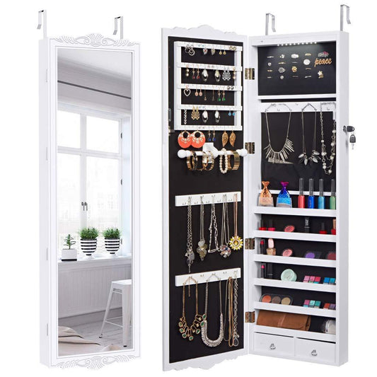 Discover the best langria 10 leds wall door mounted jewelry cabinet lockable jewelry armoire storage organizer for accessories carved design 2 drawers 3 adjustable heights white