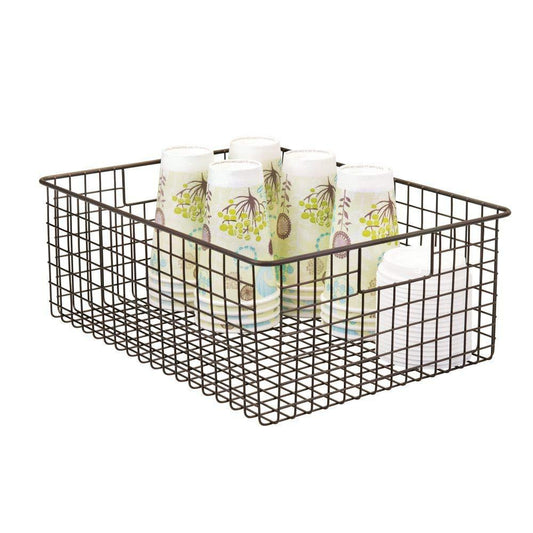 Exclusive farmhouse decor metal wire food organizer storage bin baskets with handles for kitchen cabinets pantry bathroom laundry room closets garage 4 pack bronze