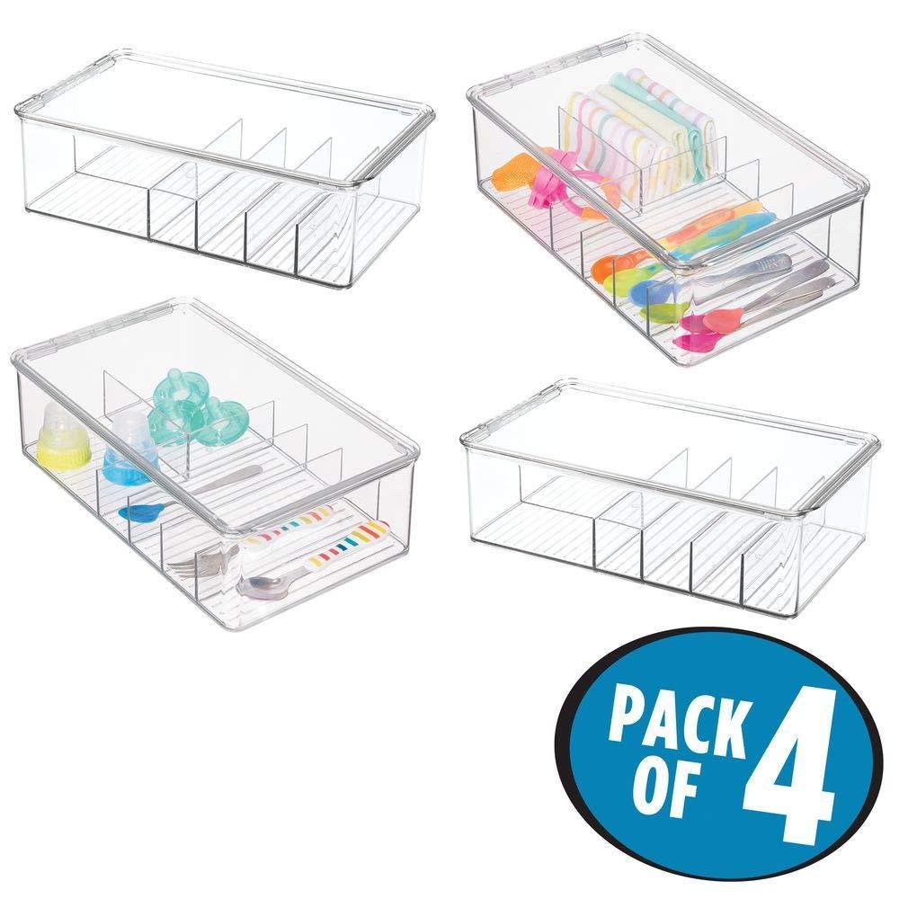 Featured stackable plastic storage organizer container for kitchen cabinets pantry countertops holds kids child toddler mealtime sets small accessories 6 sections bpa free 4 pack clear