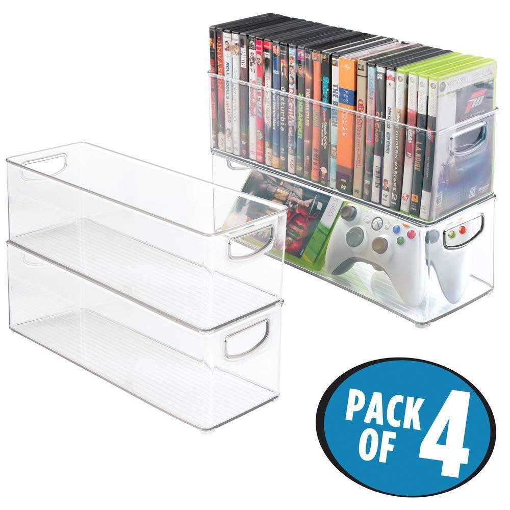 Top rated plastic stackable household storage organizer container bin with handles for media consoles closets cabinets holds dvds video games gaming accessories head sets 4 pack clear