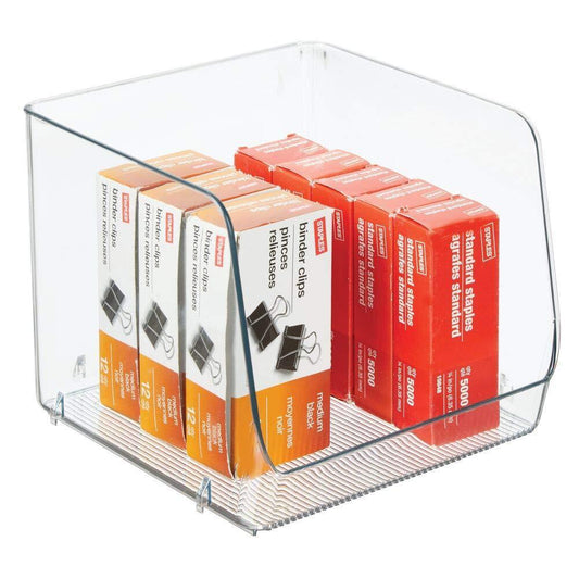 The best large stackable plastic home office storage organization bin basket with wide open front for cabinets closets drawers desks tables workspace cube 7 75 wide 4 pack clear