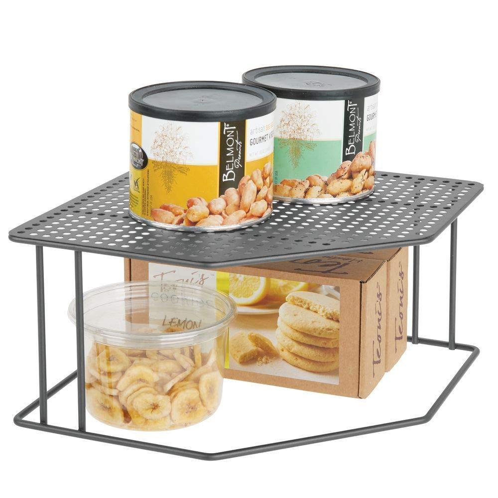 best rustic decorative metal corner shelf 2 tier raised storage organizer for kitchen cabinet pantry shelf counter holds dishes baking supplies canned goods spices 2 pack graphite gray