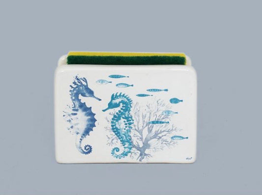 White Ceramic Nautical Blue Sea Horse Sponge Holder