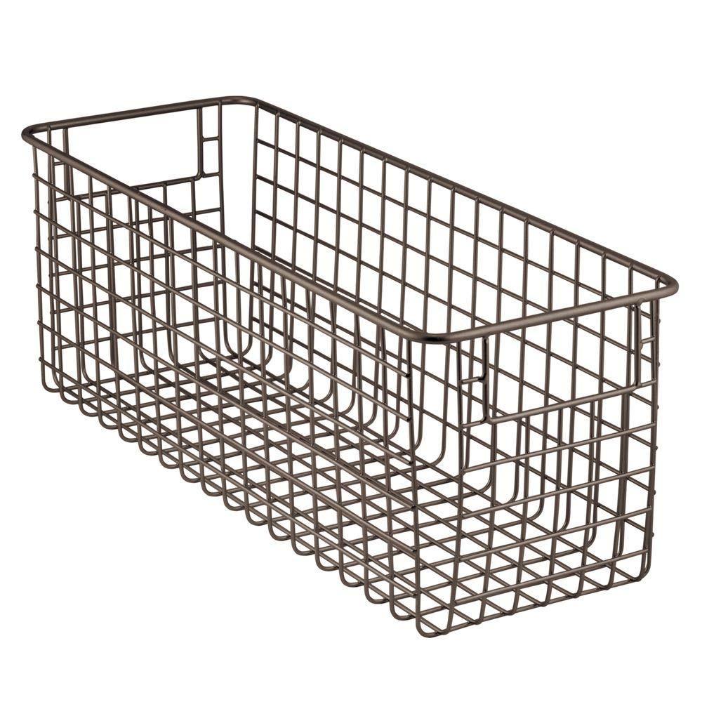 Cheap farmhouse decor metal wire food storage organizer bin basket with handles for kitchen cabinets pantry bathroom laundry room closets garage 16 x 6 x 6 4 pack bronze