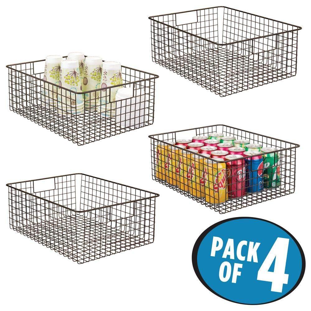 Great farmhouse decor metal wire food organizer storage bin baskets with handles for kitchen cabinets pantry bathroom laundry room closets garage 4 pack bronze