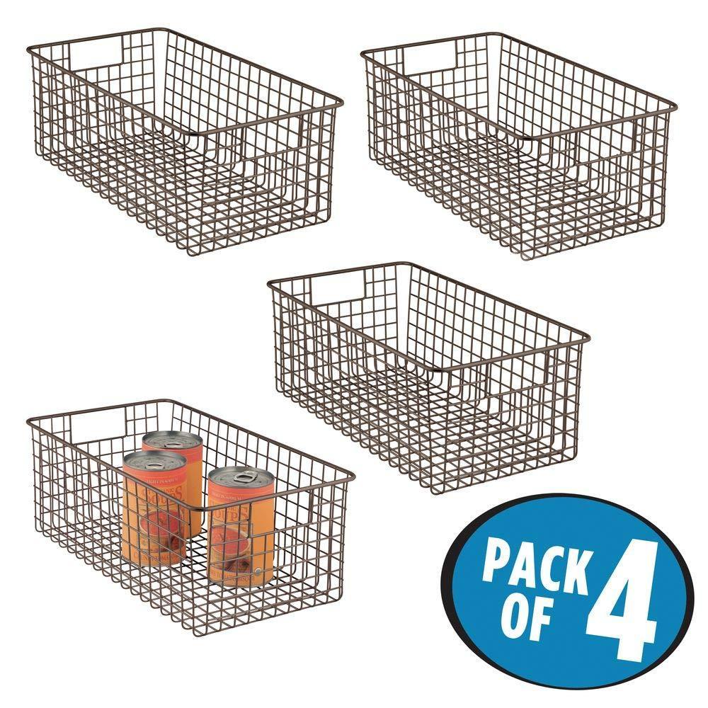 Exclusive farmhouse decor metal wire food organizer storage bin basket with handles for kitchen cabinets pantry bathroom laundry room closets garage 16 x 9 x 6 in 4 pack bronze