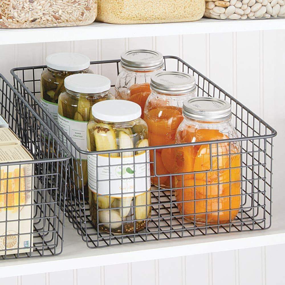 Organize with farmhouse decor metal wire food organizer storage bin baskets with handles for kitchen cabinets pantry bathroom laundry room closets garage 4 pack graphite gray