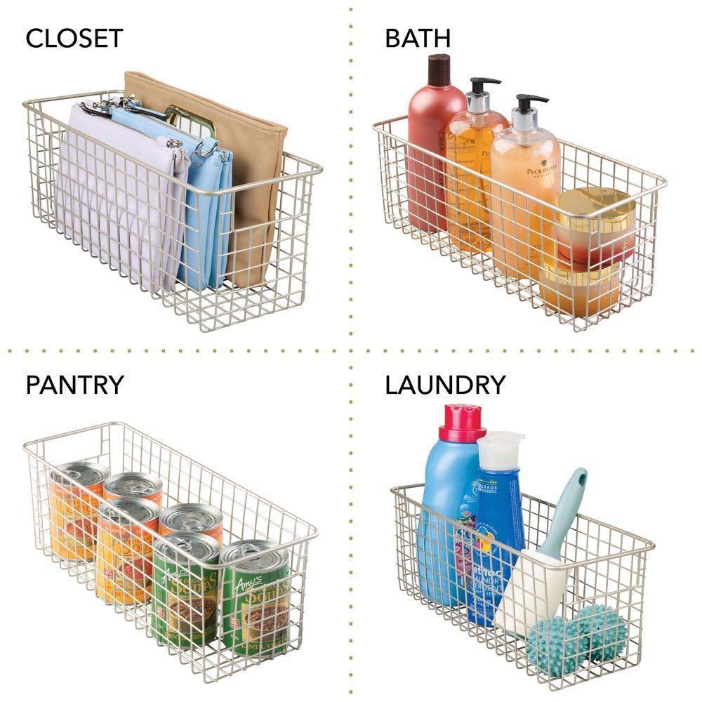 Organize with farmhouse decor metal wire food storage organizer bin basket with handles for kitchen cabinets pantry bathroom laundry room closets garage 16 x 6 x 6 4 pack satin