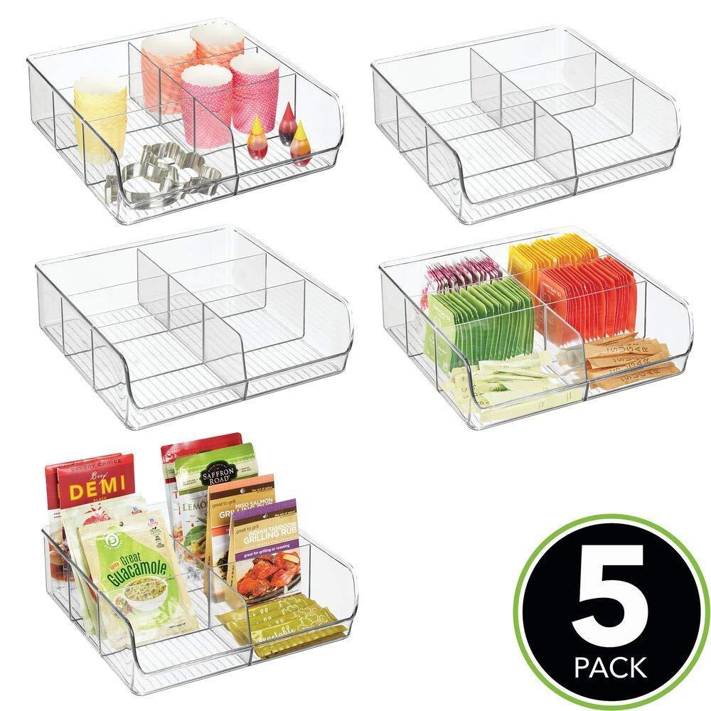 Storage plastic wide food storage organizer bin caddy for kitchen pantry cabinet countertop holds baking supplies spices pouches dressing mixes tea sugar packets 6 sections 5 pack clear
