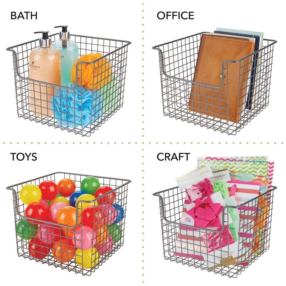Budget metal wire open front organizer basket for kitchen pantry cabinet shelf holds canned goods baking supplies boxed food mixes fruits vegetables snacks 10 wide 4 pack graphite gray