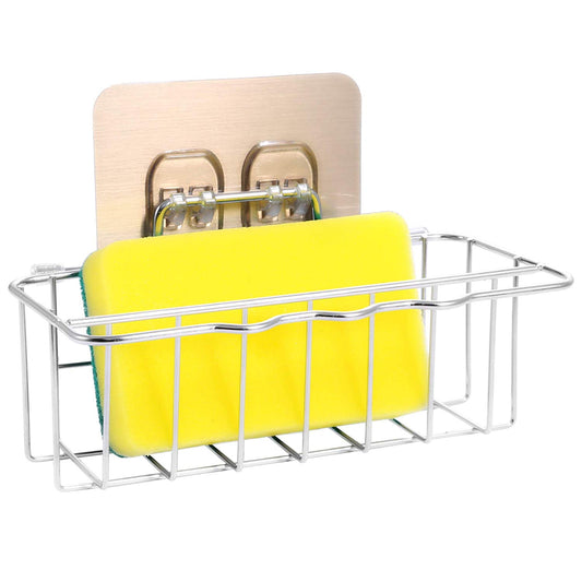 Sponge Holder with Strong Adhesive + Dish Brush Holder + Dish Cloth Hanger, Stainless Steel Kitchen Sink Organization Basket | NOT Suction or Magnet|