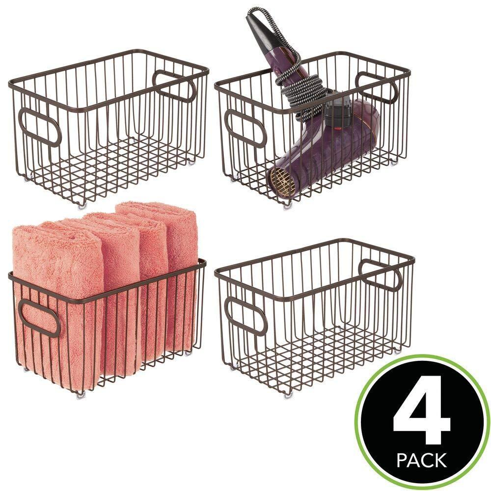 Get metal bathroom storage organizer basket bin modern wire grid design for organization in cabinets shelves closets vanity countertops bedrooms under sinks 4 pack bronze