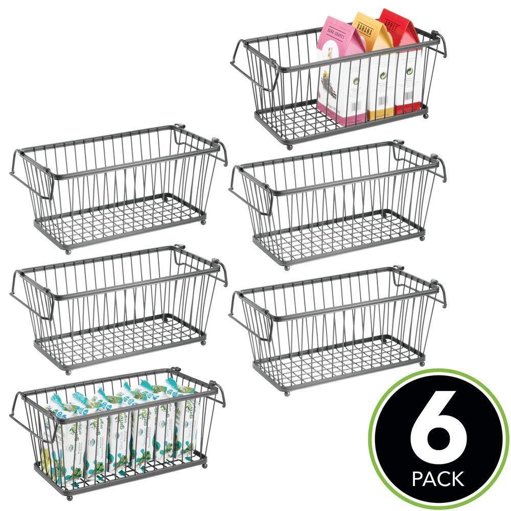 On household stackable metal wire storage organizer bin basket with built in handles for kitchen cabinets pantry closets bedrooms bathrooms 12 5 wide 6 pack graphite gray