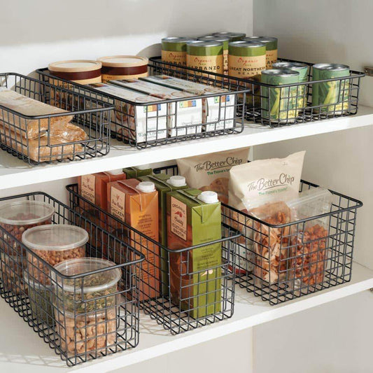 Discover the farmhouse decor metal wire food storage organizer bin basket with handles for kitchen cabinets pantry bathroom laundry room closets garage 16 x 6 x 6 8 pack bronze