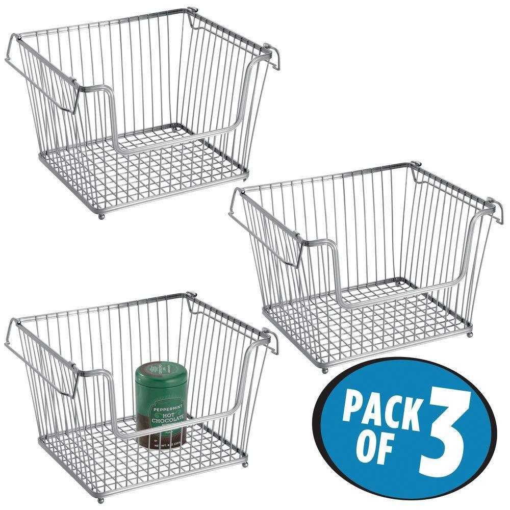 Heavy duty modern stackable metal storage organizer bin basket with handles open front for kitchen cabinets pantry closets bedrooms bathrooms large 3 pack silver