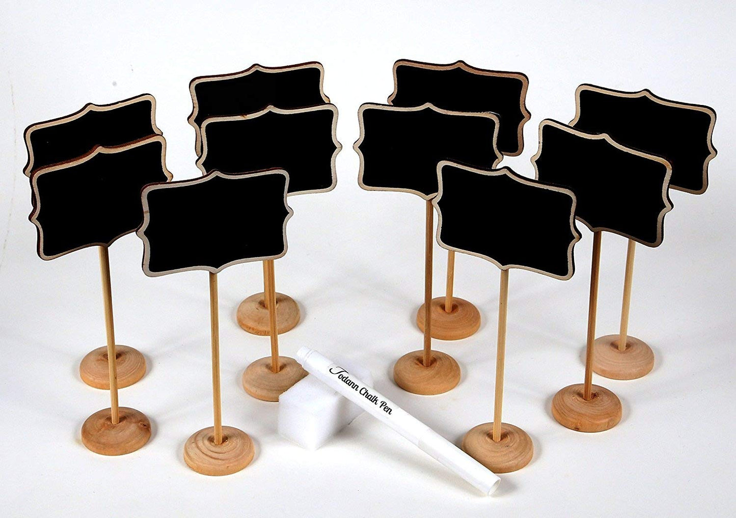 10 Piece Mini Rectangle Chalkboard Stands / Signs, White Liquid Chalk Pen & Erasing Sponge, use for Weddings, Parties, Table Numbers or Place Cards