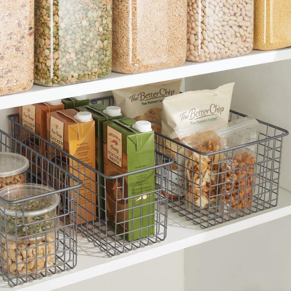 Get farmhouse decor metal wire food organizer storage bin basket with handles for kitchen cabinets pantry bathroom laundry room closets garage 16 x 9 x 6 in 4 pack graphite gray