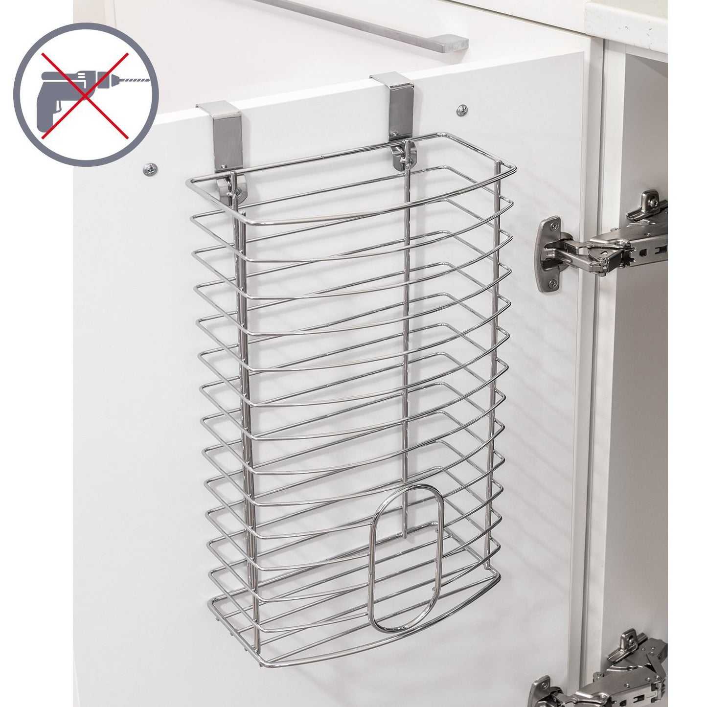 Tatkraft Fun Grocery Bag Holder - Bag Dispenser Over The Door Kitchen Storage Basket Chromed Steel