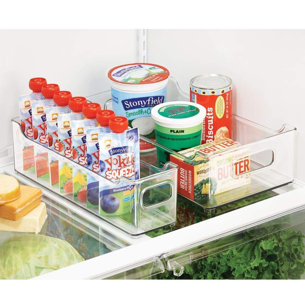 Storage wide stackable plastic kitchen pantry cabinet refrigerator or freezer food storage bin with handles organizer for fruit yogurt snacks pasta bpa free 14 5 long 4 pack clear