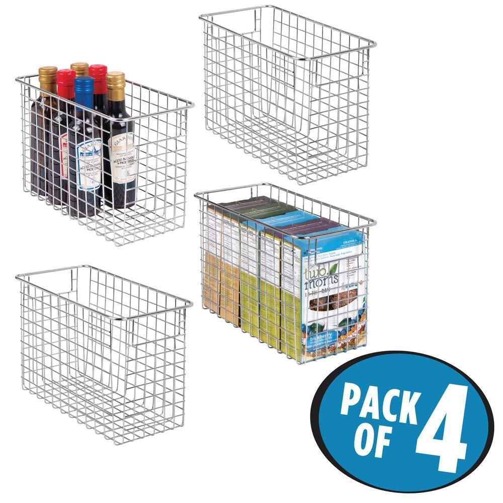 Top rated household metal wire storage organizer bins basket with handles for kitchen cabinets pantry bathroom landry room closets garage 4 pack 12 x 6 x 8 chrome