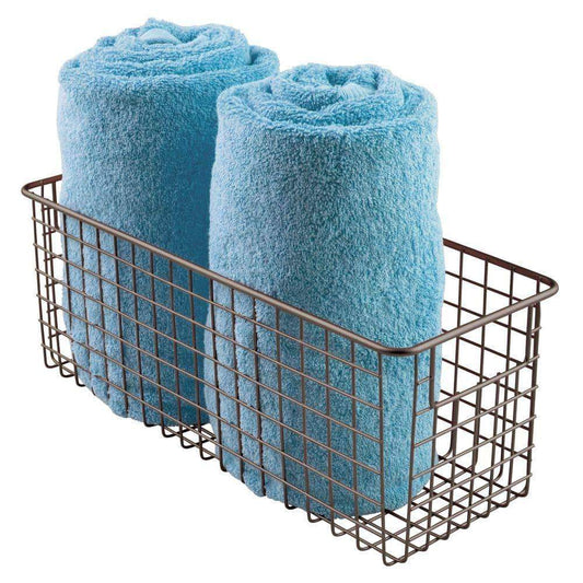 Latest bathroom metal wire storage organizer bin basket holder with handles for cabinets shelves closets countertops bedrooms kitchens garage laundry 16 x 6 x 6 4 pack bronze