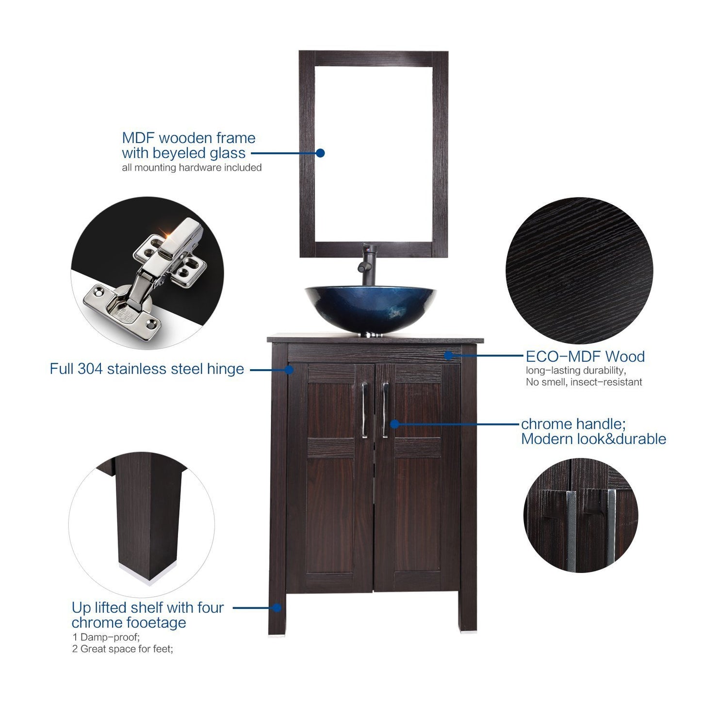 Top elecwish usba20090 usba20077 bathroom vanity and sink combo stand cabinet and tempered blue glass vessel sink orb faucet and pop up drain mirror mounting ring