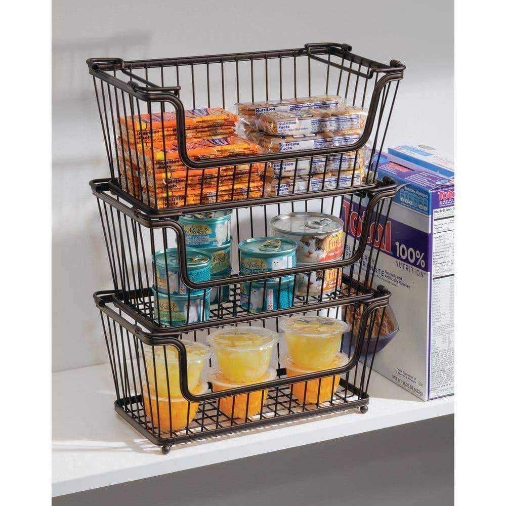 Select nice modern farmhouse metal wire household stackable storage organizer bin basket with handles for kitchen cabinets pantry closets bathrooms 12 5 wide 6 pack bronze