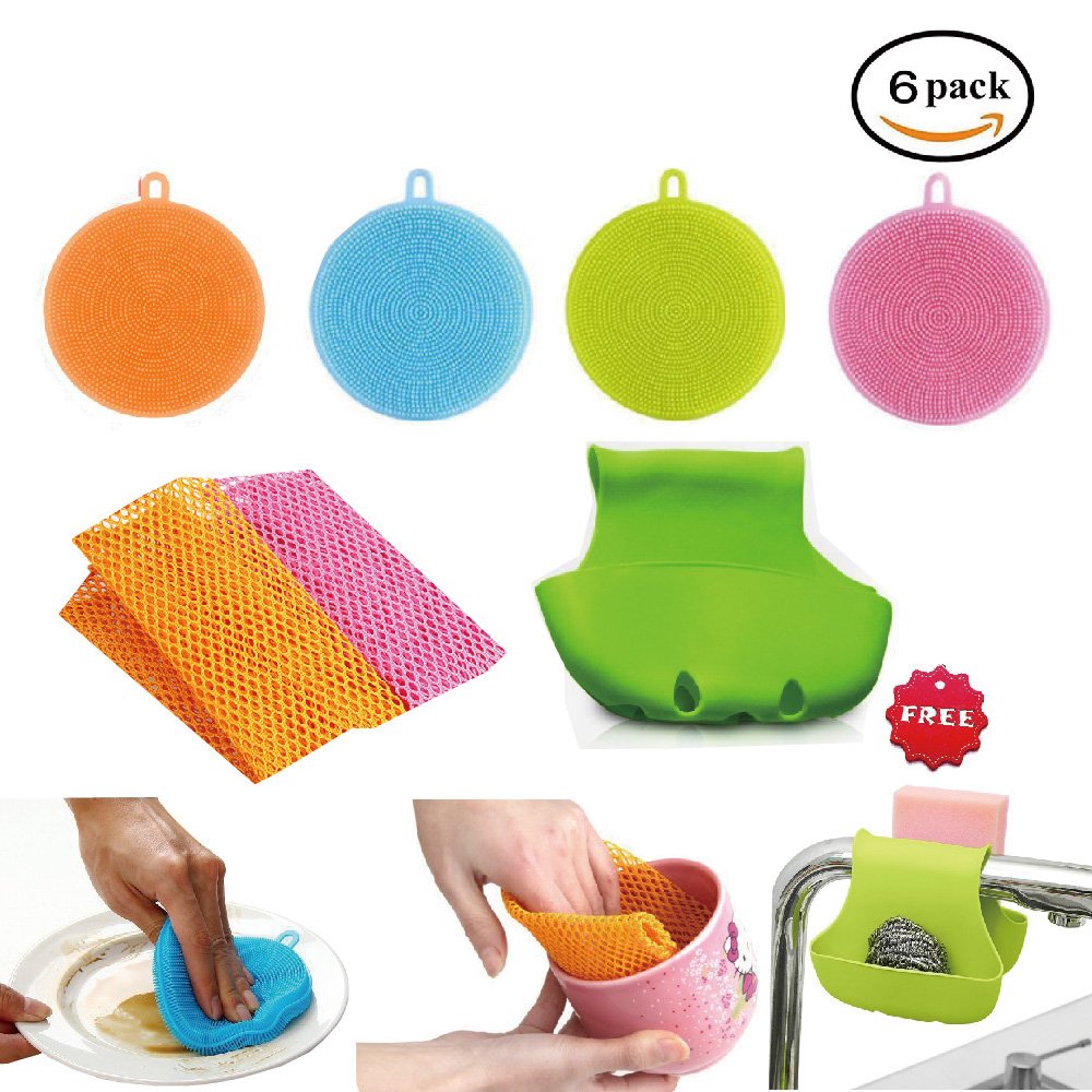 Silicone sponge Kitchen dish scrubber Multipurpose - Antibacterial Magic Sponge - Antimicrobial Dish Washing Brush -Multipurpose Brush for Dishes - Works Well for Washing Fruits(6 pack)