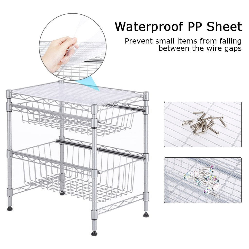 Discover the best rackaphile stackable 2 tier sliding basket organizer drawer under sink cabinet with adjustable leveling feet rack shelf for bathroom kitchen closet office desktop silver